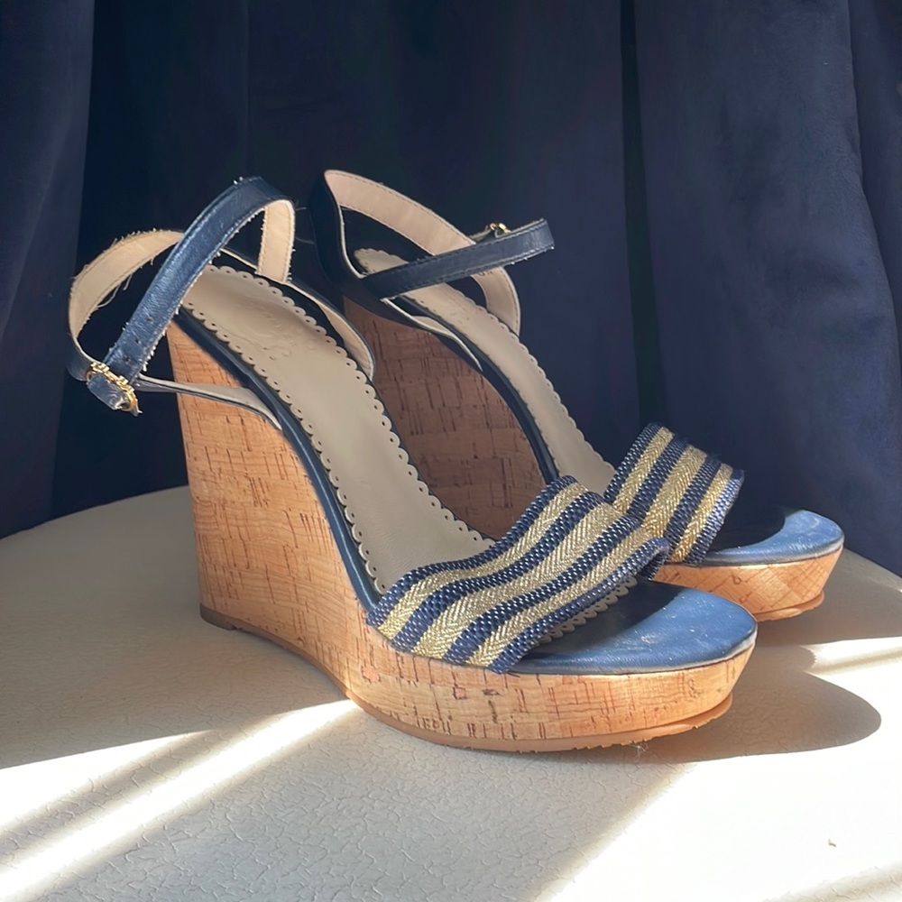 Navy and gold cork espadrilles